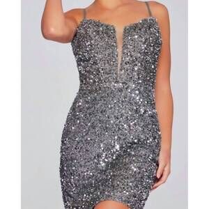 NEW JOVANI sequin fitted short sleeveless dress in grey